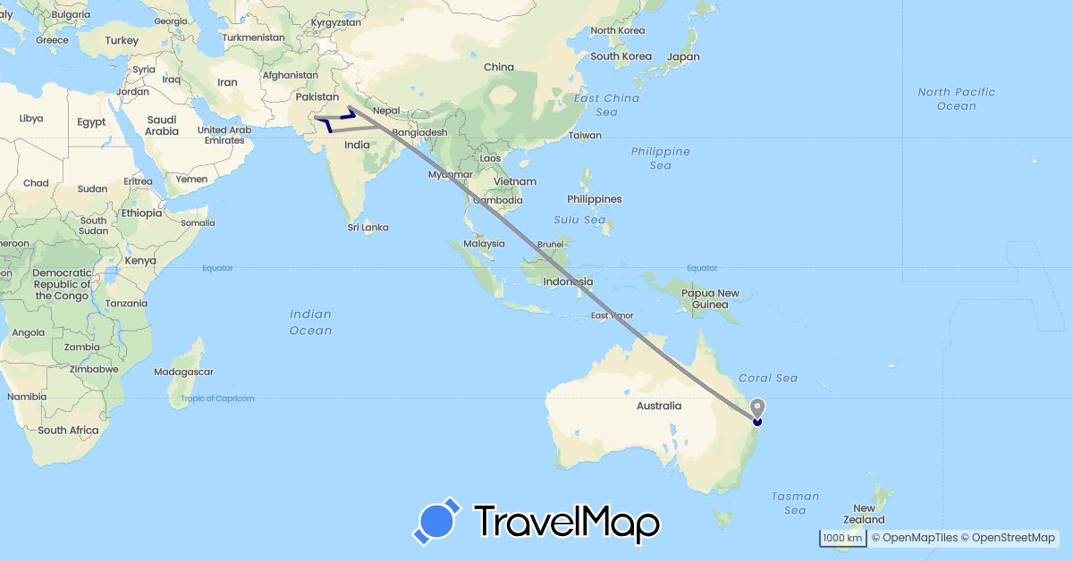 TravelMap itinerary: driving, plane in Australia, India (Asia, Oceania)